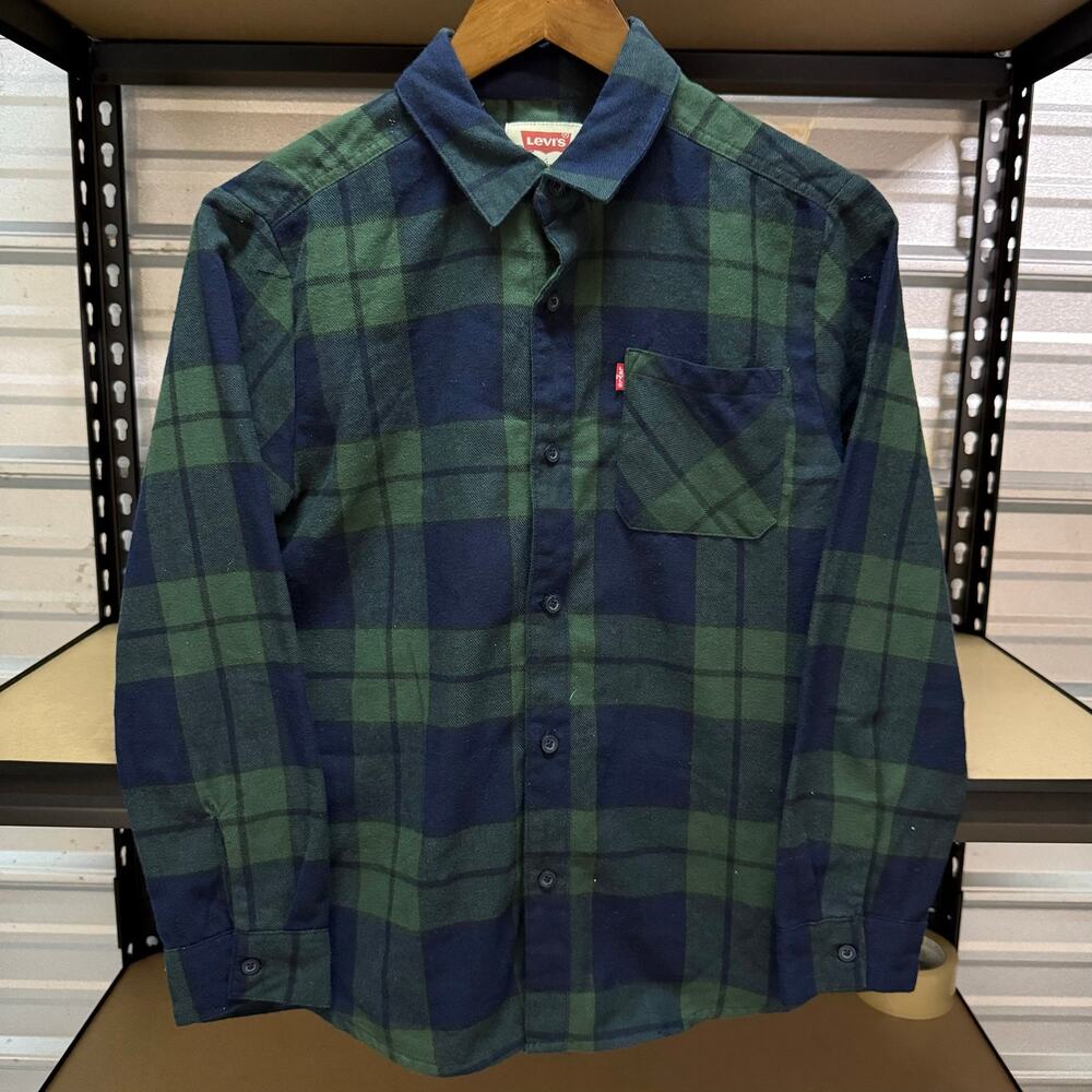 Levis San Francisco Green Blue Plaid Flannel Kids Large
